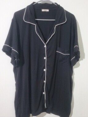 Joyaria Black Pajama Set XXL Soft Knit Lounge Top Pants White Piping Viscose